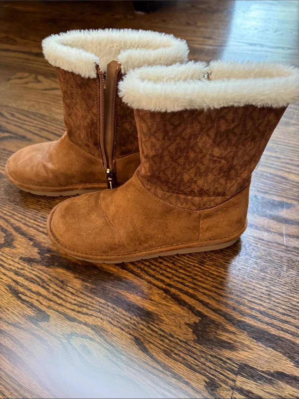 Michael Kors Chestnut Suede Kids Boots with White Faux-Fur Cuff